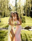 Elegant Pink Mermaid Spaghetti Strap V Neck Ball Gown Evening Dress HZ1024