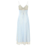 Elegant Blue Spaghetti Strap Lace Trim Ball Gown Evening Gown HZ1024
