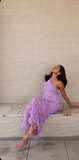 Soft Chiffon Halter Neck Off Shoulder Sleeveless Tiered Ruffle Length Ankle Ball Gown Evening Dress HZ1024