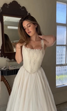 Elegant Ivory Two-piece Strap Tulle Floor Length Wedding Dress HZ1024