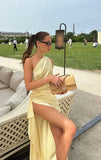 Light Yellow One Shoulder Backless Satin High Slit Ball Gown Evening Dress HZ1024