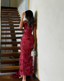 Elegant Burgundy Mermaid Off Shoulder 3D Floral Floor-Mounting Ball Gown Evening Dress HZ1024