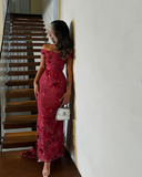 Elegant Burgundy Mermaid Off Shoulder 3D Floral Floor-Mounting Ball Gown Evening Dress HZ1024