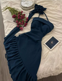 Blue Chiffon Halter Neck Off Shoulder Sleeveless Ruffled Homecoming Dress HZ1024