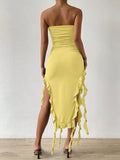Simple White Mermaid Off-shoulder Strapless Slit Ruffled Ball Gown Evening Dress HZ1024