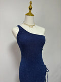 Navy Blue One Shoulder High Slit Sequin Floor Length Formal Ball Gown Evening Dress HZ1024