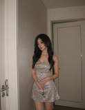 Sexy Champagne Mermaid Spaghetti Straps Sparkling Slit Mini Party Dress Homecoming Dress HZ1024