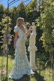 Elegant Blue Printed V-Neck Short Sleeve Ruffle Satin Ball Gown Evening Dress HZ1024