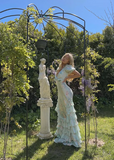Elegant Blue Printed V-Neck Short Sleeve Ruffle Satin Ball Gown Evening Dress HZ1024
