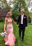 Elegant Pink Mermaid Satin Strapless Long Ball Gown Bridesmaid Dress HZ1024