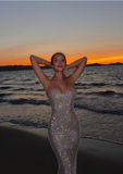 Shiny Champagne Strapless Backless Mermaid Ball Gown Evening Dress HZ1024