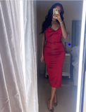 Sexy Red Strapless Low Neck Tea Length Mermaid Ball Gown Evening Dress HZ1024