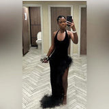 Sexy Black Velvet Halter Neck Side Slit Floor-Mounting Ball Gown Evening Dress HZ1024