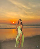 Spaghetti Strap Green Satin Slit Simple Ball Gown Evening Dress HZ1024