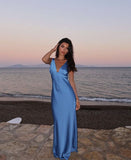 Mermaid V-neck Strap Sleeveless Blue Satin Simple Ball Gown Evening Dress HZ1024