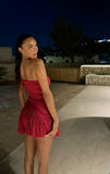 Strapless Burgundy Pleated Mini Ball Gown Evening Dress HZ1024