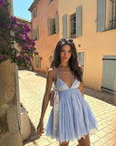 Spaghetti Strap V Neck A-Line Sleeveless Blue Backless Tulle Mini Party Dress Homecoming Dress HZ1024