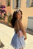 Spaghetti Strap V Neck A-Line Sleeveless Blue Backless Tulle Mini Party Dress Homecoming Dress HZ1024
