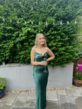 Elegant Green Spaghetti Strap Satin Backless Ankle-Length Prom Dress Evening Dress HZ1024