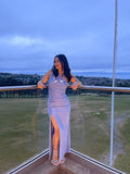 Elegant One Shoulder Soft Bodycon Slit Prom Dress Bridesmaid Dress HZ1024