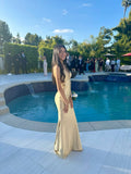 Elegant Champagne Straps Sweetheart Neck Backless Satin Formal Long Prom Dress Bridesmaid Dress HZ1024