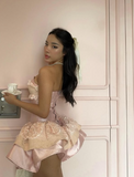 18th Birthday Sweet Pink Strapless Sweetheart Neck Lace Silk Satin Mini Birthday Dress Homecoming Dress HZ1024
