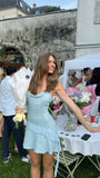 Spaghetti Strap Light Blue Sequin Ruffle Short Party Dress Homecoming Dress HZ1024
