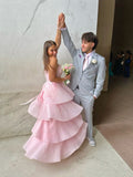 Elegant Strapless Pink A-Line Tiered Ankle-Length Prom Dress Bridesmaid Dress HZ1024