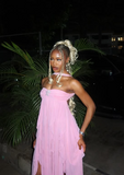 Chic Pink Strapless Chiffon Backless Irregular Skirt Prom Dress Evening Dress HZ1024