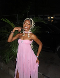 Chic Pink Strapless Chiffon Backless Irregular Skirt Prom Dress Evening Dress HZ1024