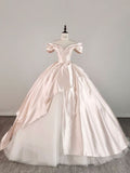 Elegant Pink Satin A-Line Off-The-Shoulder Floor-Sweeping Prom Dress Evening Gown HZ1024