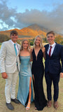 Shiny Blue Spaghetti Strap Slit Floor Length Prom Dress Bridesmaids Dress HZ1024
