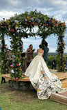Elegant ivory one shoulder A-line printed trailing wedding dress HZ1024