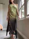 Gradient Green Spaghetti Strap Chiffon Sleeveless Ruffle Ankle Length Ball Gown Evening Dress HZ1024