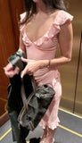 Sweetheart Pink Strapless Sleeveless Low Neck Ruffle Mermaid Prom Dress HZ1024