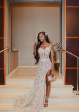 Sexy White Off Shoulder High Slit Sequined Trailing Prom Dress Evening Dress HZ1024