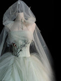 Elegant Green Strapless A-Line Tulle Long Prom Dress Evening Dress HZ1024