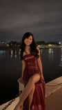 Sexy Burgundy Strapless Sequined High Slit Long Prom Dress Evening Dress HZ1024