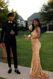 Shiny Gold Strapless Mermaid High Slit Sequin Floor-Mounting Prom Dress Bridesmaid Dress HZ1024