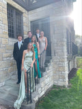 Simple one-shoulder green satin slit floor-length prom dress bridesmaid dress HZ1024