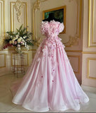 Sweet Pink Strapless 3D Flower A-Line Beaded Long Prom Dress HZ1024