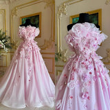 Sweet Pink Strapless 3D Flower A-Line Beaded Long Prom Dress HZ1024