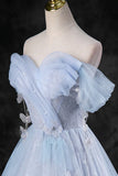 Blue Pearl Tulle Floor Length Prom Dress, A-Line Off the Shoulder Formal Party Dress HZ1024