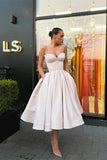 Retro Light Pink Sweetheart Strapless Design A-line Satin Party Dress Homecoming Dress HZ1024