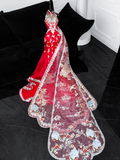 Gorgeous Sparkling Red Beaded Sequined Embroidery Design Elegant Mermaid Prom Dress Evening Dress HZ1024