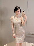 Vintage Champagne Sequin Off-the-shoulder Bodycon Design A-line Homecoming Dress HZ1024