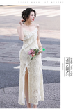 Vintage Fashion Beige Irregular Ruffled Hem Design Elegant A-line Spaghetti Strap Dress HZ1024