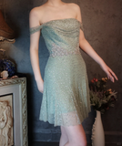 Vintage Light Green Off-the-shoulder Sparkling Beaded Design A-line Short Homecoming Dress HZ1024