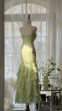 Elegant Green Fairy Mermaid Long Chiffon Spaghetti Strap Ball Gown Evening Dress Prom Dresses HZ1024