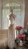 Retro Golden Sparkling Beaded Halter Dress Elegant Chiffon Evening Dress Prom Dresses HZ1024